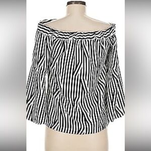 Navy Blue and White Striped Off-Shoulder Top